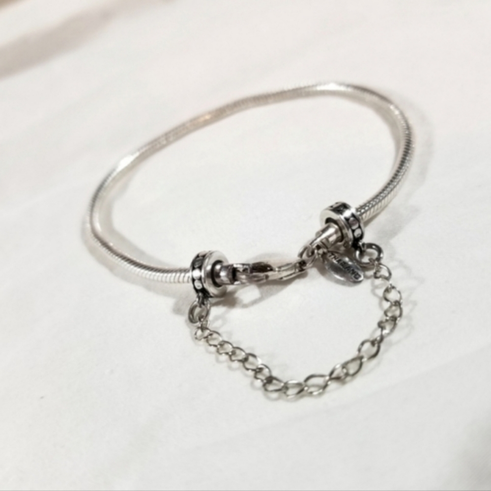 .925 Sterling 3mm Snake Chain Bracelet, w/Safety Chain Stoppers & Spacer Charms
